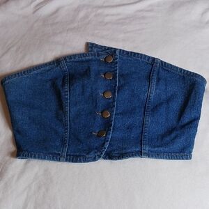 Denim Strapless Cropped Corset Bustier Tube Top Button Front Bodycon Size L